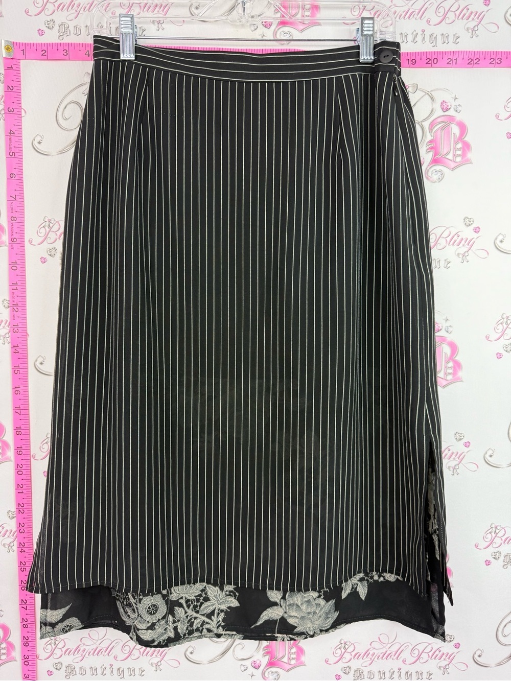 Bellesa Black Pinstripe Midi Skirt with Floral Hem Detail